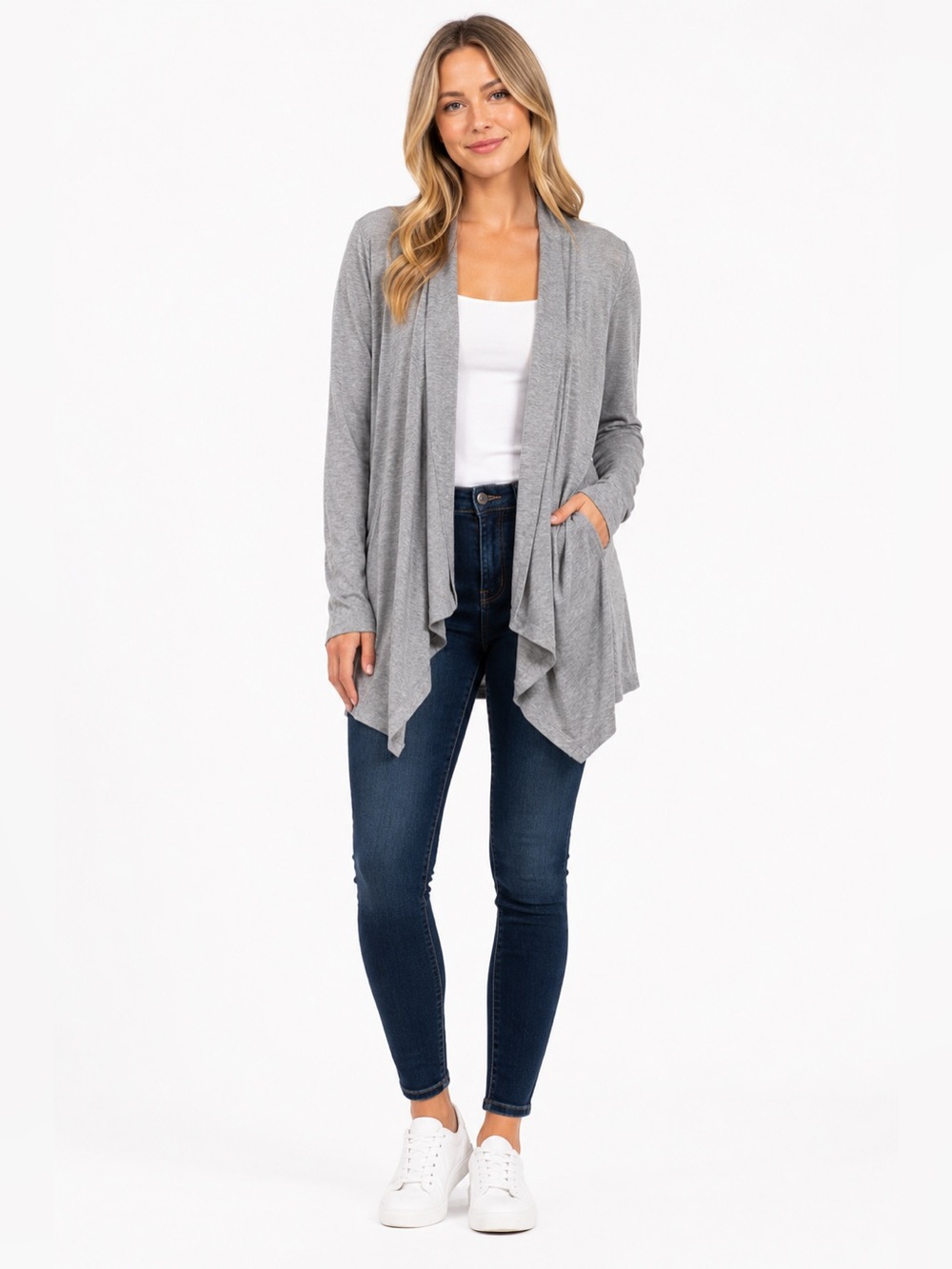 H&M Gray Longline Open Front Cardigan Size L Lightweight Drape Knit Sweater